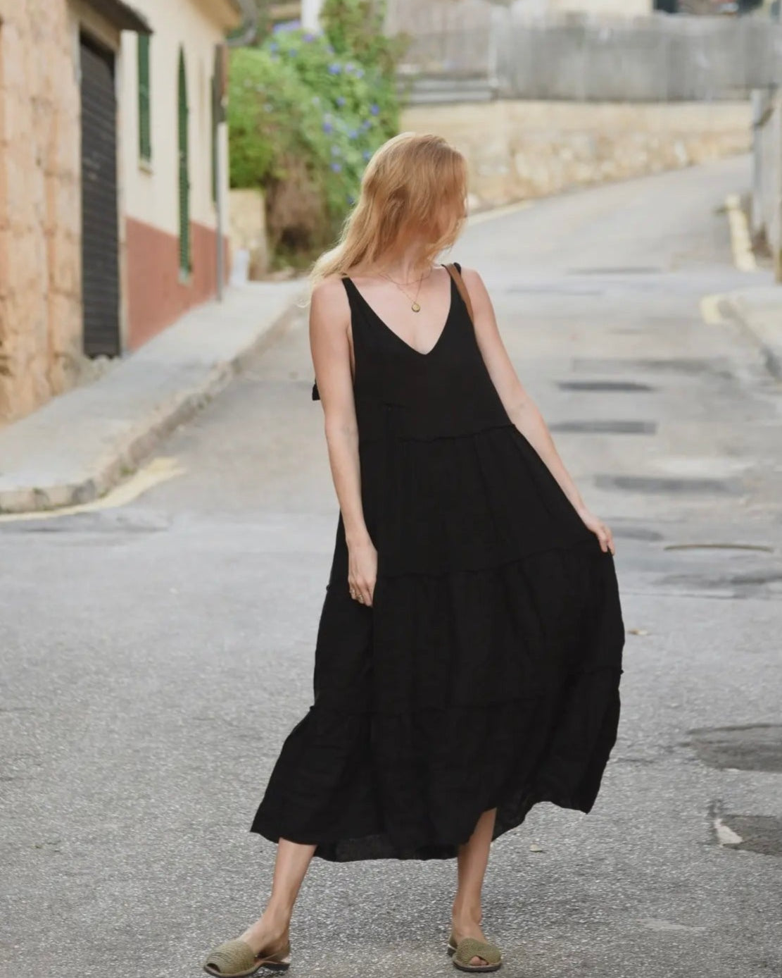 black maxi linen dress