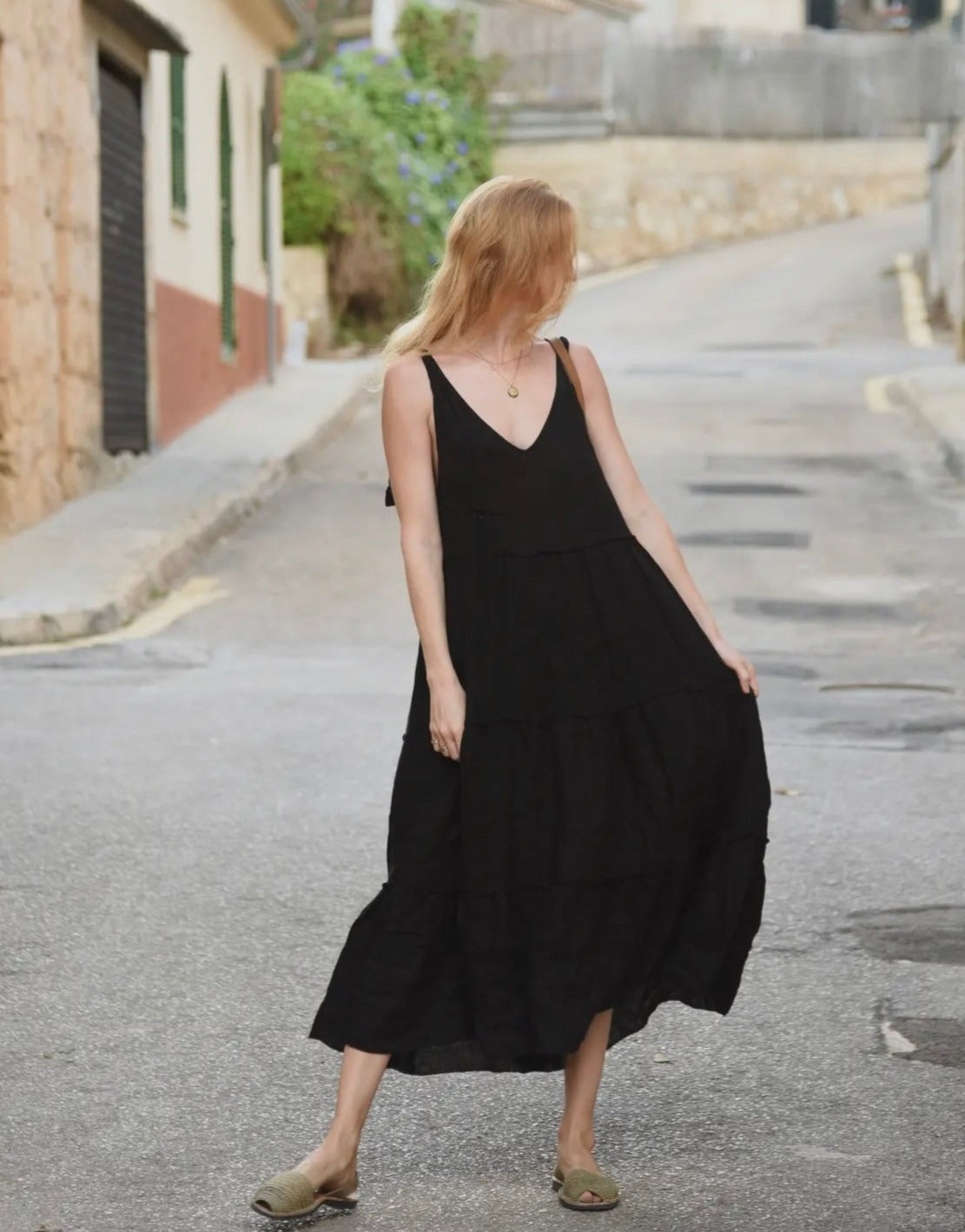 black maxi linen dress