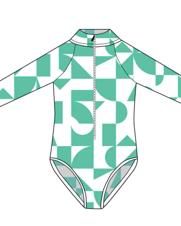 Geometric print long sleeve one piece swimsuit
