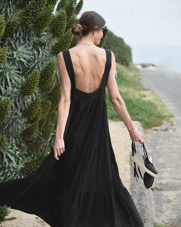 Open back black maxi linen dress