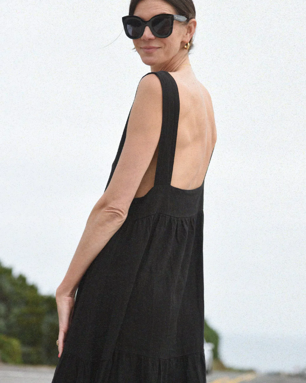 Open back black maxi linen dress