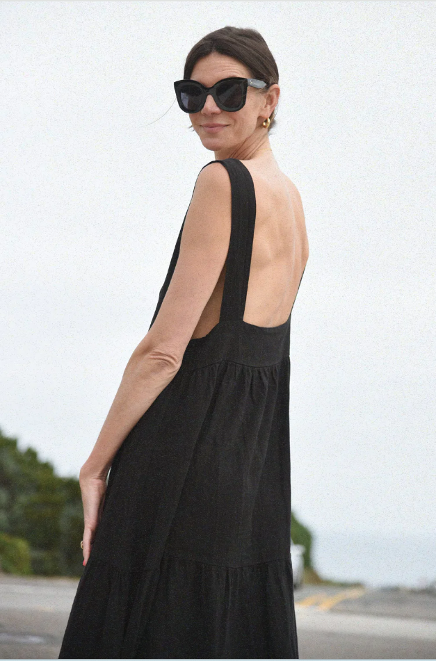 Open back black maxi linen dress